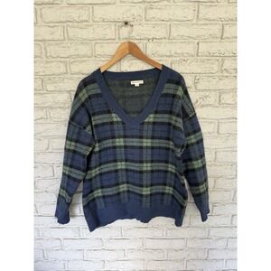 Aeropostale Women Plaid Oversized VNeck Cotton Sweater Navy Green Y2K Style Sz M